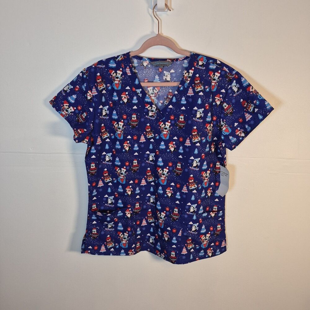 Serene Uniforms Women's Christmas Scrubs Top Size M Blue Penguins